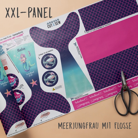 A002 Schultüte: Meerjungfrau mit Flosse - Baumwoll-Panel zum selber nähen - DIY Näh-Set 70 cm - mit Namen & Schulkind 2026