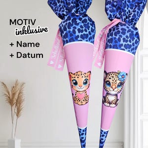 Schultüte mit Motiv (Bügelbild / bedruckt) - 70cm oder 85cm - Baby Gepard auf Blue Gepard inklusive Name und Datum