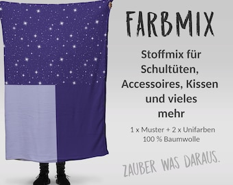 Könnte beinhalten: Ein lilafarbener Stoff mit einem weißen Sternenmuster. Der Stoff ist in der Mitte gefaltet und wird von einer Person in den Händen gehalten. Der Text "FARBMIX" ist in schwarzen Buchstaben auf weißem Hintergrund. Der Text "Stoffmix für Schultüten, Accessoires, Kissen und vieles mehr" ist in schwarzen Buchstaben auf weißem Hintergrund. Der Text "1 x Muster + 2 x Unifarben 100% Baumwolle" ist in schwarzen Buchstaben auf weißem Hintergrund. Der Text "ZAUBER WAS DARAUS." ist in schwarzen Buchstaben auf weißem Hintergrund.