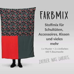 Könnte beinhalten: Ein roter, grüner und schwarzer Stoff mit geometrischem Muster. Der Text "FARBMIX" ist in Schwarz. Der Text "Stoffmix für Schultüten, Accessoires, Kissen und vieles mehr" ist in Schwarz. Der Text "1 x Muster + 2 x Unifarben 100% Baumwolle" ist in Schwarz. Der Text "ZAUBER WAS DARAUS." ist in Schwarz.