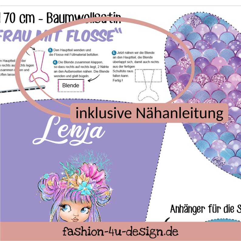 A002 School cone: Mermaid with fin - Cotton panel for sewing yourself - DIY sewing kit 70 cm - with name & schoolchild 2026 image 2