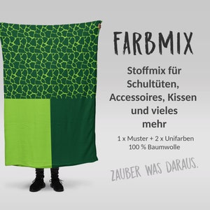 Könnte beinhalten: Ein grüner und limefarbener Stoff mit einem Muster aus kleinen grünen Kreisen. Der Stoff wird von einer Person hochgehalten. Der Text "FARBMIX" ist in schwarzen Buchstaben auf weißem Hintergrund geschrieben. Der Text "Stoffmix für Schultüten, Accessoires, Kissen und vieles mehr" ist in schwarzen Buchstaben auf weißem Hintergrund geschrieben. Der Text "1 x Muster + 2 x Unifarben 100% Baumwolle" ist in schwarzen Buchstaben auf weißem Hintergrund geschrieben. Der Text "ZAUBER WAS DARAUS." ist in schwarzen Buchstaben auf weißem Hintergrund geschrieben.