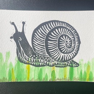 Snail Linocut Print on Watercolor