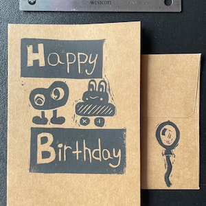 Happy Birthday-kaart met linosnede - blokdrukkaart - verzenden