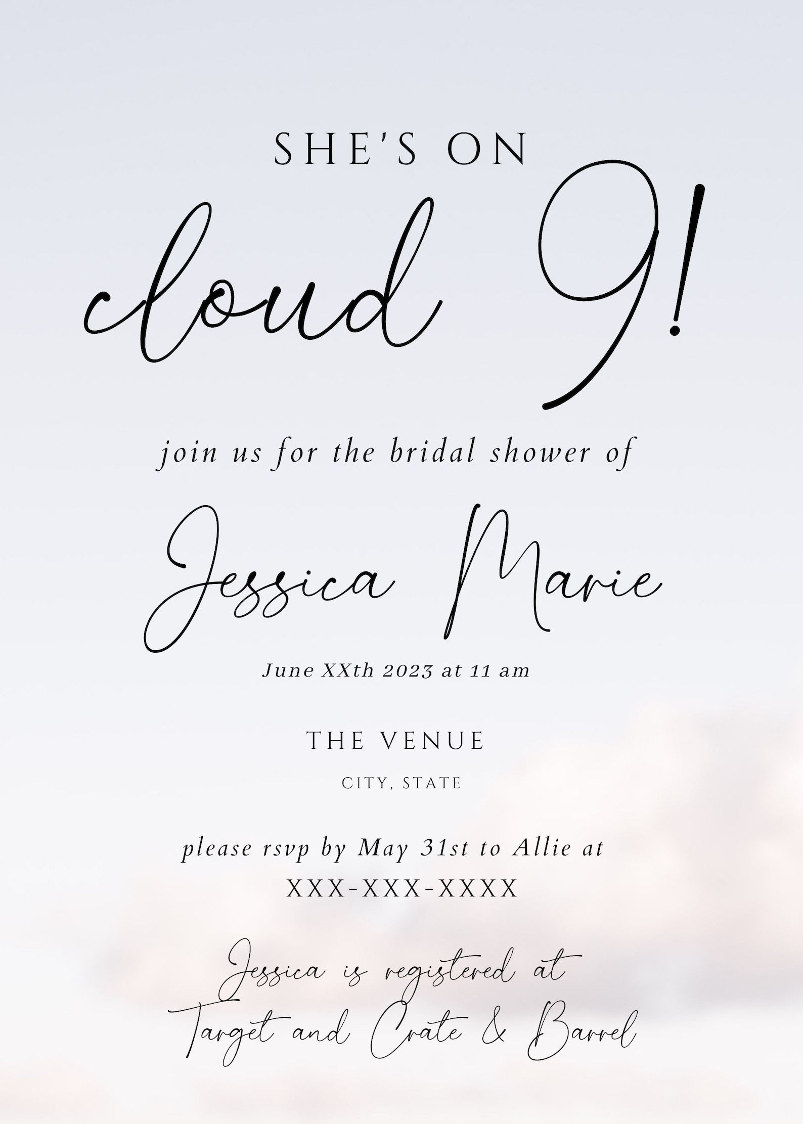Bridal Shower Invitation Template She's on Cloud 9 Etsy