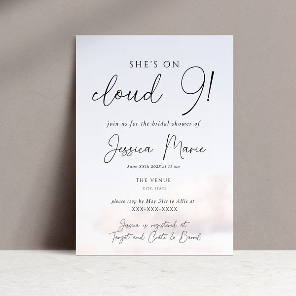 Bridal Shower Invitation Template | She's On Cloud 9 Bridal Shower Theme | Canva Bridal Shower Invitation Template