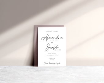 May include: Wedding invitation card with a white background and black text. The text reads "Kindly join us for the wedding of Alexandria Marie Smith and Joseph Lee Miller. Saturday, June 1st at half-past four in the afternoon. The Venue. June, Texas. Dinner & dancing to follow."