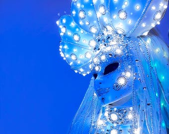 LED Weiße Maske/Lotus/Kostüm Maske/Festival Cosplay Rave/ Handgemacht