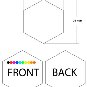 May include: A hexagonal sticker with a black and rainbow color scheme on the front and the word "FRONT" printed in black. The back of the sticker is blank with the word "BACK" printed in black. The sticker measures 30 mm by 34 mm.