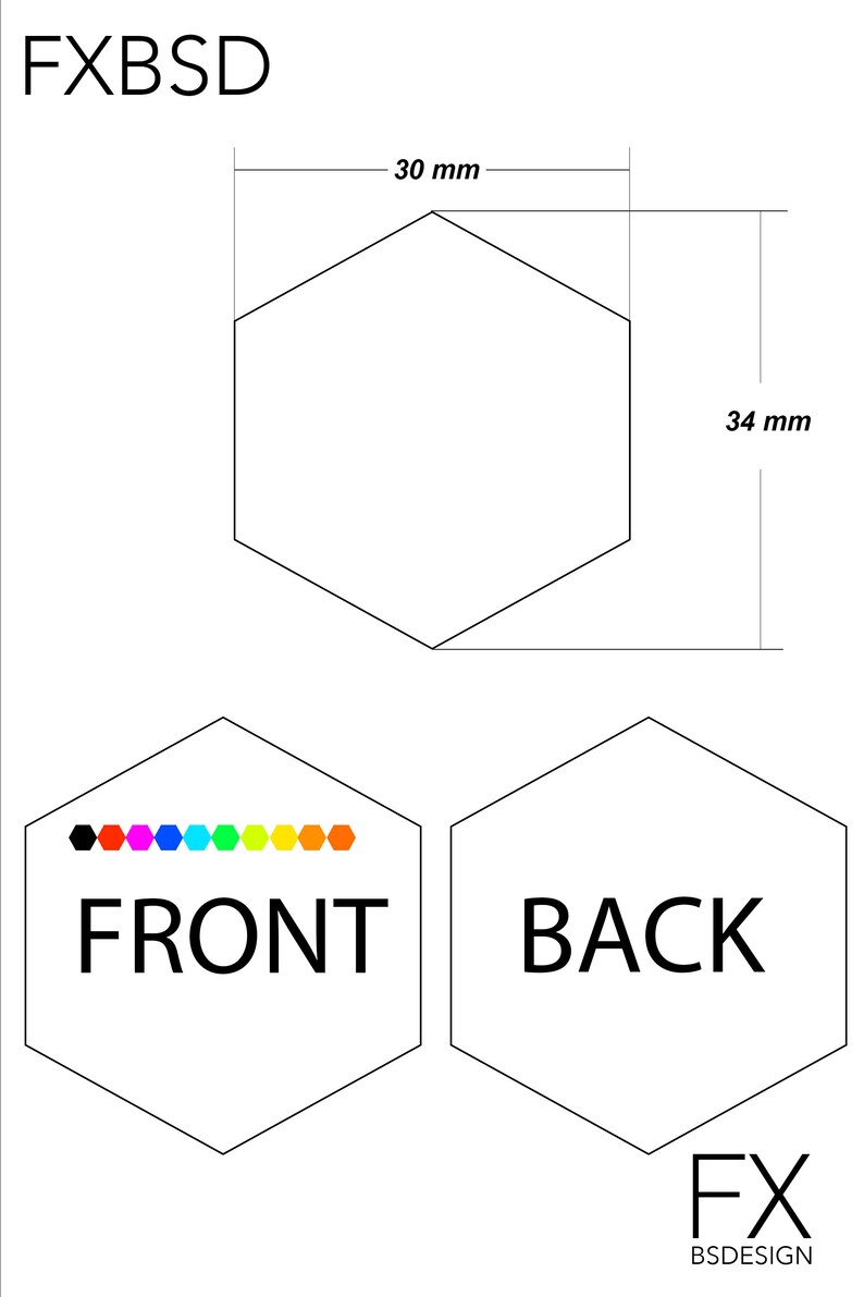 May include: A hexagonal sticker with a black and rainbow color scheme on the front and the word "FRONT" printed in black. The back of the sticker is blank with the word "BACK" printed in black. The sticker measures 30 mm by 34 mm.