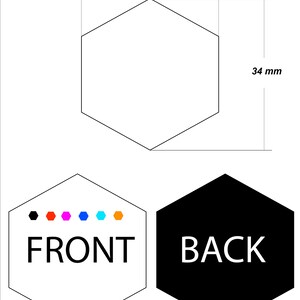 以下が含まれることがあります： 前面に「FRONT」、背面に「BACK」と書かれた黒と白の六角形のステッカー。ステッカーのサイズは幅30mm、高さ34mm。ステッカーの前面には、黒い点、赤い点、ピンクの点、青い点、水色の点、オレンジの点があります。ステッカーの背面には「FX BSDESIGN」の文字があります。