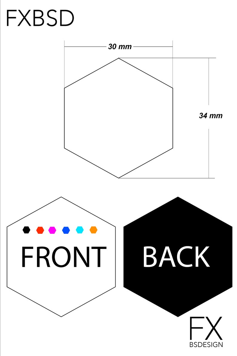 以下が含まれることがあります： 前面に「FRONT」、背面に「BACK」と書かれた黒と白の六角形のステッカー。ステッカーのサイズは幅30mm、高さ34mm。ステッカーの前面には、黒い点、赤い点、ピンクの点、青い点、水色の点、オレンジの点があります。ステッカーの背面には「FX BSDESIGN」の文字があります。