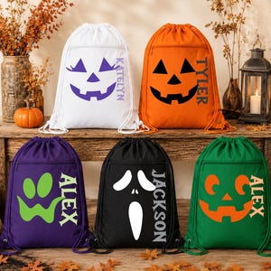 Mochila de Halloween con cara de calabaza, bolsas para pedir dulces, bolsa de Halloween con cordón y cara de miedo, bolsa de fiesta personalizada con nombre para la temporada de Halloween.