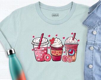 Valentines Day Coffee Shirt, Cute Pink Valentines Day Latte Shirt, Coffee Lover Shirt, Heart Pink Cup Shirt, Womens Valentines Day Shirt