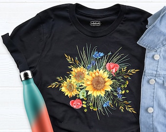 Sunflower Shirt, Wildflower shirt, Floral T-shirt, Watercolor Sunflower Shirt, Flower Print Shirt, Floral Tee Shirt, Womens Garden Shirt