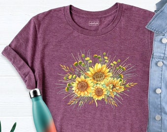 Sunflower Shirt, Floral Tee Shirt, Wildflowers Graphic T-Shirt for Women, Watercolor Sunflower Shirt, Wild Flowers Shirt, Floral Tshirt