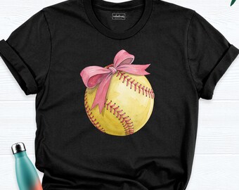 Softball Bow Shirts Women Coquette Pink Bow Softball Mom Tee, Softball Night Game Tshirt, Sport Lover Bow Shirt, Softball Season Mama Outfit