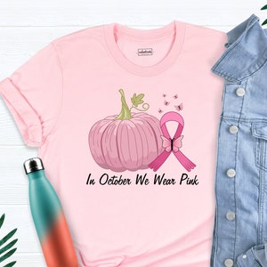 Camiseta rosa en octubre, camiseta de lucha contra el cáncer de mama, camiseta de calabaza rosa, camiseta de concienciación sobre el cáncer de mama, camiseta de calabazas de Halloween