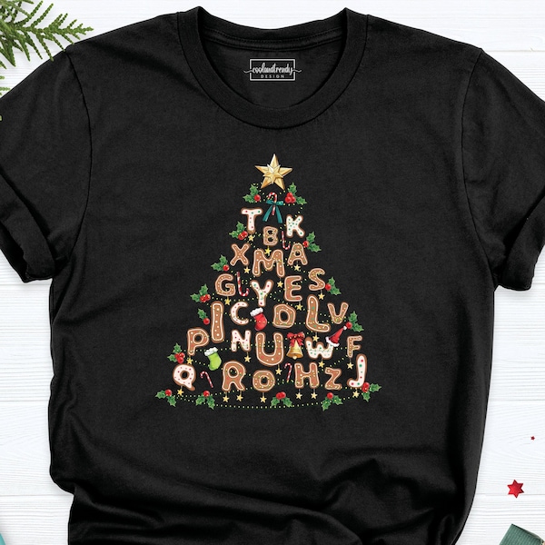 Alphabet Christmas Tree Lights Shirt, Kindergarten Teacher Shirt, Preschool Teacher Shirt, School Christmas Party Shirt, Xmas Student Tee