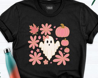 Pink Girly Pumpkin Shirt Cute Ghost Boho floral Halloween Tee Girly Spooky Season Tshirt, Flowers Fall Outfit, Autumn Pink Halloween Shirt