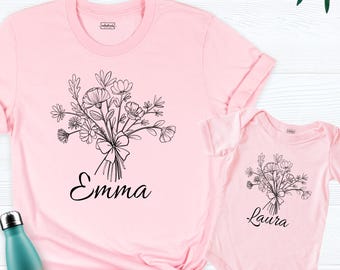 Custom Flower Mama Mini Shirt Matching Mommy and Me Floral Name Tee, Mom and Baby Wildflower Shirt, Mothers Day Tshirt, New Mom Gift Shirts