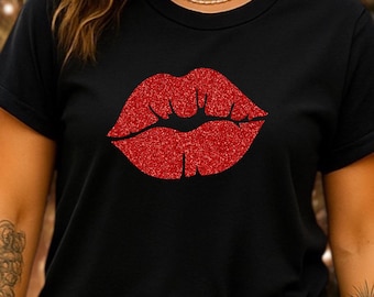 Glitter Red Lips Tshirt Kiss Women Valentines Day Tee Shirt, Sparkle Lips Shirt, Girlfriend Outfit, Gift for Her Shirt, Ladies Valentine Tee
