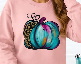 Watercolor Pumpkin Sweatshirt Tee Fall Women Colorful Pumpkin Hoodie, Autumn Season Long Sleeve Shirt, Cute Thanksgiving Pumpkin Sweater