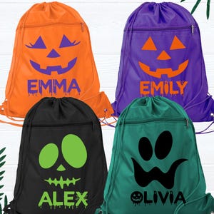 Mochila de Halloween con cara de calabaza y nombre personalizado. Bolsas familiares de calabaza a juego con cordón para fiestas de Halloween.