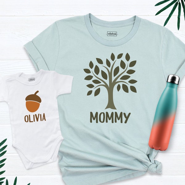 Acorn Oak Tree Matching Mommy and Me Shirts, Mom and Baby Matching Outfits, Mama Shirt with Kids Names Tee, Mama and Mini Couple Shirt