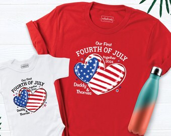 1st Fathers Day Outfit, Our First Fourth of July Together 2024 Shirt, Custom Name Daddy Baby Tshirt, New Parents Fourth Of July Tshirt