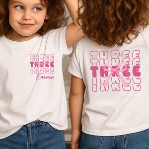 Three Birthday Girl Shirt Pink Bow 3rd Bday Custom Name Tee, Kids Birthday Party Shirts, Personalized 3 Years Old Birthday Coquette Bow Tee