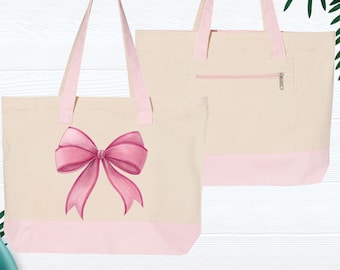 Coquette Pink Bow Zippered Tote Bag Women Travel Tote Bag, Summer Holiday Girls Trip Bow Bag, Aesthetic Pink Bow Mama Bag, Teacher Cute Bag