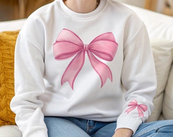 Pink Bow Women Sweatshirt Coquette Girl Tee Shirt, Pink Bow Sweatshirt on Sleeve, Mothers Day Shirt,  Aesthetic Cute Bow Friend Gift Hoodie