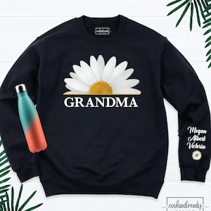 Personalized Grandma Sweatshirt with Grandkid Names On Sleeve, Flower New Grandma Long Sleeve, Family Party Nana Sweatshirt, Mimi Sweatshirt