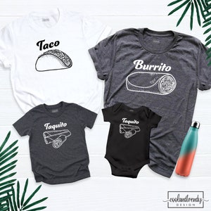 May include: A set of four t-shirts featuring a taco, burrito, and two taquitos. The shirts are in white, grey, and black. The shirts are a fun way to show your love for Mexican food.
