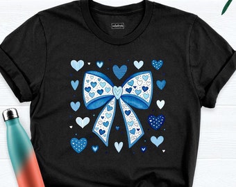 Coquette Blue Bow Shirts Women Hearts Bow Tee, Trendy Valentine Gift Tshirt, Mothers Day Shirt, Mama  Tshirt Aesthetic Girly Blue Bow Outfit