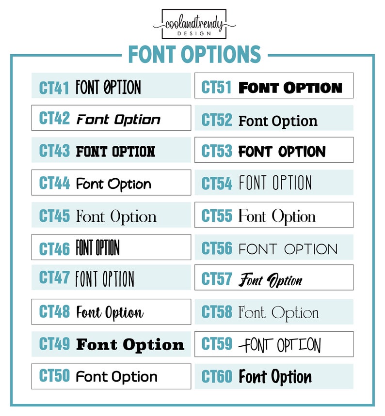 K&ouml;nnte beinhalten: Eine Tabelle mit 20 verschiedenen Schriftarten f&uuml;r ein Designprojekt. Jede Schriftart ist mit einem Code gekennzeichnet, z. B. CT41, CT42, CT43 usw. Die Schriftarten werden in verschiedenen Stilen angezeigt, darunter fett, kursiv und normal.