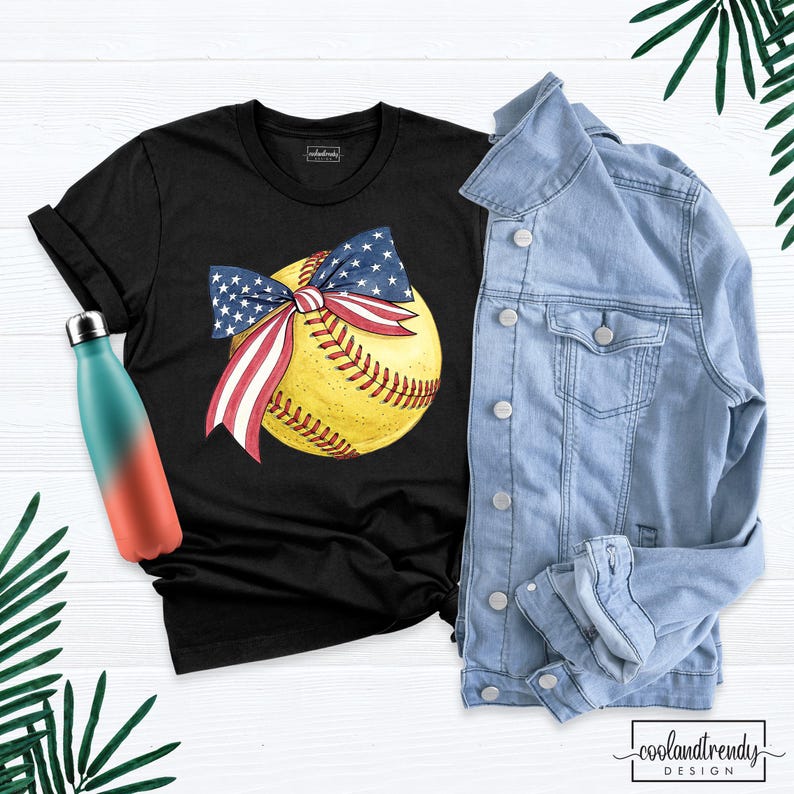 American Flag Softball Bow Shirts Patriotic Coquette Bow Tee