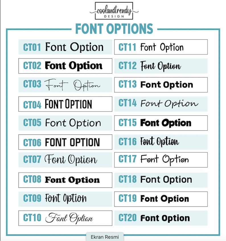 K&ouml;nnte beinhalten: Ein Diagramm mit 20 verschiedenen Schriftarten, die mit CT01 bis CT20 gekennzeichnet sind. Jede Schriftart wird in einem anderen Stil angezeigt, einschlie&szlig;lich fett, kursiv und handschriftlich.