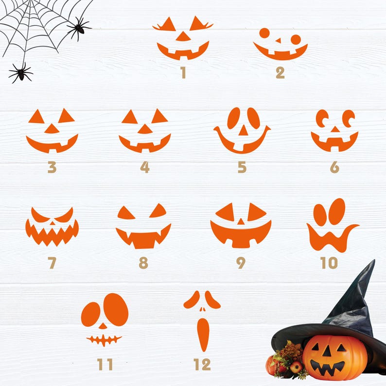 May include: Orange pumpkin face designs for Halloween. Includes 12 different carved face templates, a spider web, and a pumpkin with a witch hat. Perfect for DIY Halloween decorations and crafts.
