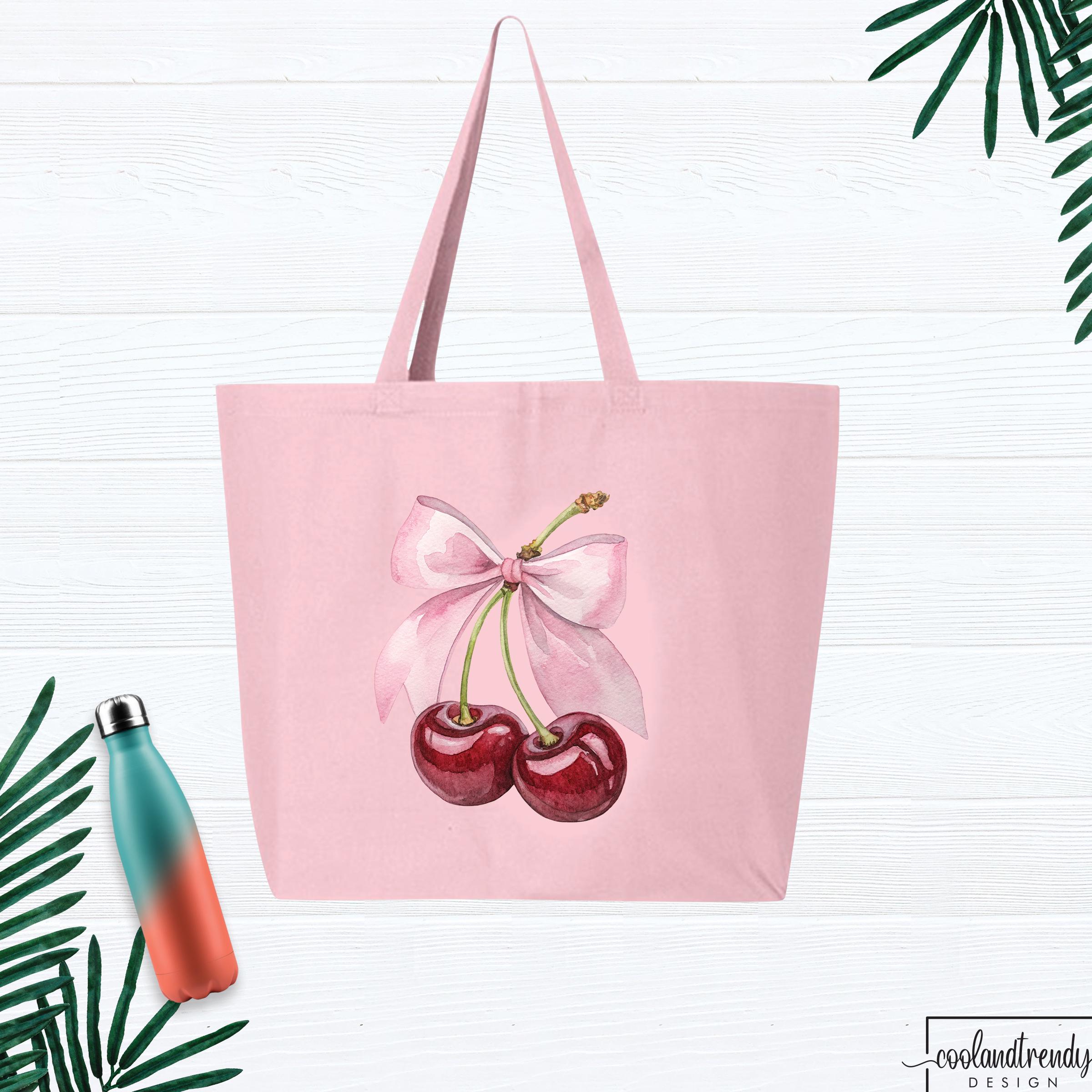 12 Pink Bow Cherry Clear Gift Bags - Coquette Party Favor Bags With Handles