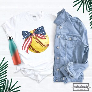 American Flag Softball Bow Shirts Patriotic Coquette Bow Tee, 4th of July Women Softball Mama Tshirt, USA Flag Game Day Softball Mom Tshirt image 9