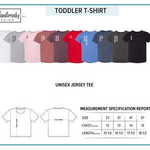 Puede incluir: Tabla de tallas para camisetas de ni&ntilde;o peque&ntilde;o y unisex. La tabla muestra las medidas de pecho y largo en pulgadas para las tallas 2T, 3T, 4T y 5T. La tabla tambi&eacute;n incluye una tabla de colores con ocho colores diferentes.