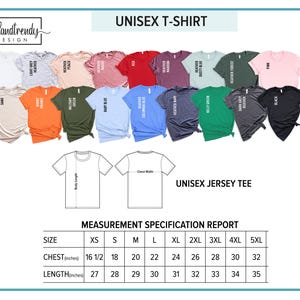 Puede incluir: Una tabla de colores para camisetas unisex, con varios colores como blanco, negro y rosa. La imagen incluye una tabla de tallas con medidas de pecho y largo en pulgadas, que van desde la XS hasta la 5XL. La marca "coolandtrendy DESIGN" es visible.