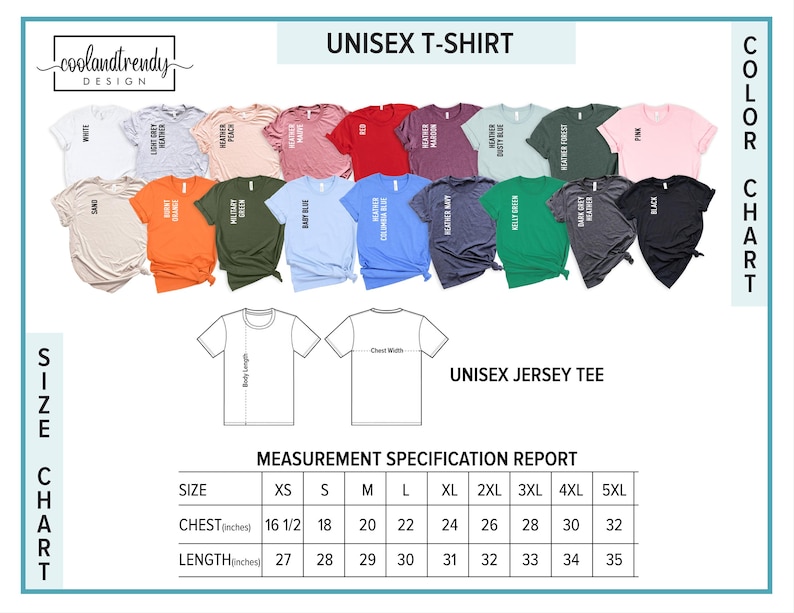 Puede incluir: Una tabla de colores para camisetas unisex, con varios colores como blanco, negro y rosa. La imagen incluye una tabla de tallas con medidas de pecho y largo en pulgadas, que van desde la XS hasta la 5XL. La marca "coolandtrendy DESIGN" es visible.