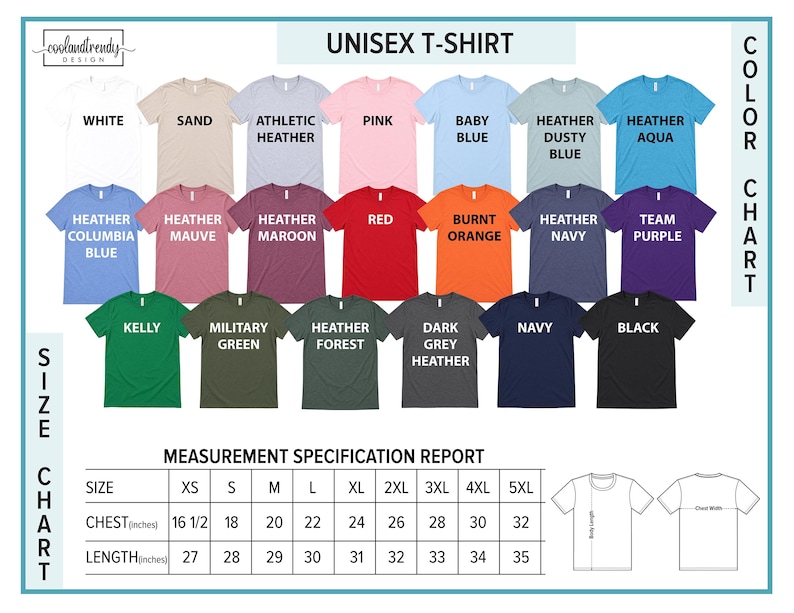 The image is a color chart for a unisex t-shirt, displaying various color options and corresponding measurements for different sizes.