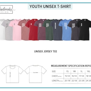 K&ouml;nnte beinhalten: Gr&ouml;&szlig;entabelle f&uuml;r Unisex-T-Shirts f&uuml;r Kinder mit Ma&szlig;en in Zoll. Die Tabelle zeigt die Brust- und L&auml;ngenma&szlig;e f&uuml;r die Gr&ouml;&szlig;en YS, YM, YL und YXL. Die Tabelle wird auf einem wei&szlig;en Hintergrund mit einer Grafik eines T-Shirts angezeigt.