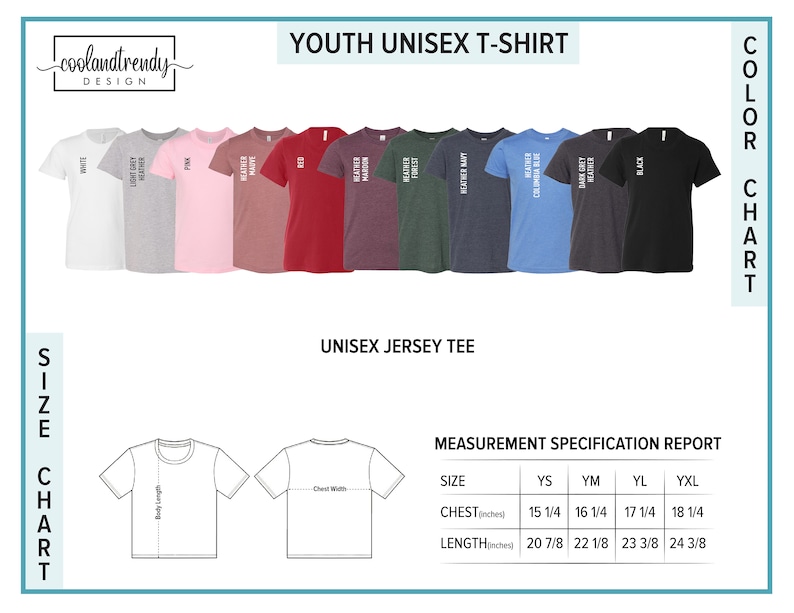 K&ouml;nnte beinhalten: Gr&ouml;&szlig;entabelle f&uuml;r Unisex-T-Shirts f&uuml;r Kinder mit Ma&szlig;en in Zoll. Die Tabelle zeigt die Brust- und L&auml;ngenma&szlig;e f&uuml;r die Gr&ouml;&szlig;en YS, YM, YL und YXL. Die Tabelle wird auf einem wei&szlig;en Hintergrund mit einer Grafik eines T-Shirts angezeigt.