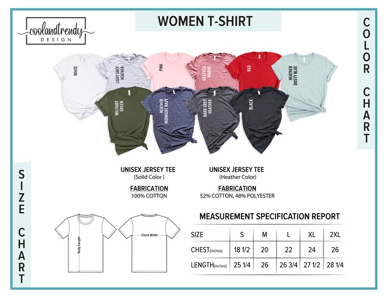 Puede incluir: Una carta de colores de camisetas para mujer, que muestra colores como blanco, rojo y verde militar. La tabla incluye especificaciones de tallas y medidas, con medidas de pecho de 47 a 66 cm y largos de 64 a 72 cm. Las telas son 100% algod&oacute;n o mezcla de algod&oacute;n y poli&eacute;ster.