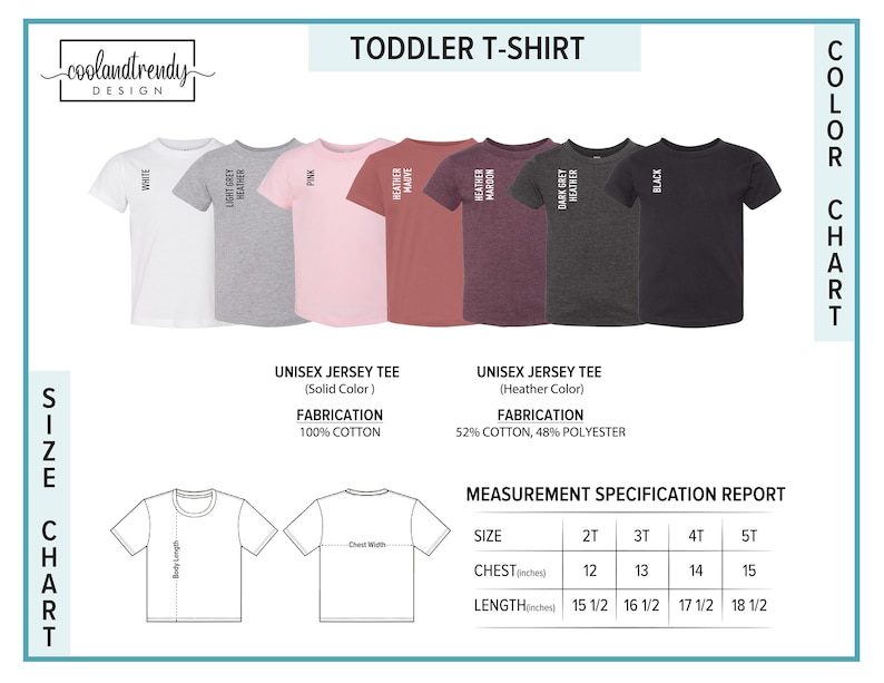 May include: Toddler t-shirt size chart with color options in white, light grey heather, pink, heather mauve, dark grey heather, and black. The chart shows unisex jersey tee fabrications, 100% cotton for solid colors and 52% cotton, 48% polyester for heather colors. The measurement specification report shows chest and length measurements in inches for sizes 2T, 3T, 4T, and 5T.
